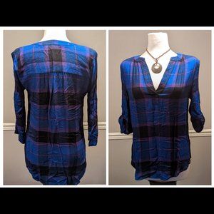 Zac & Rachel Size S Blue Purple Pink Black Plaid V Neck Tunic Top
